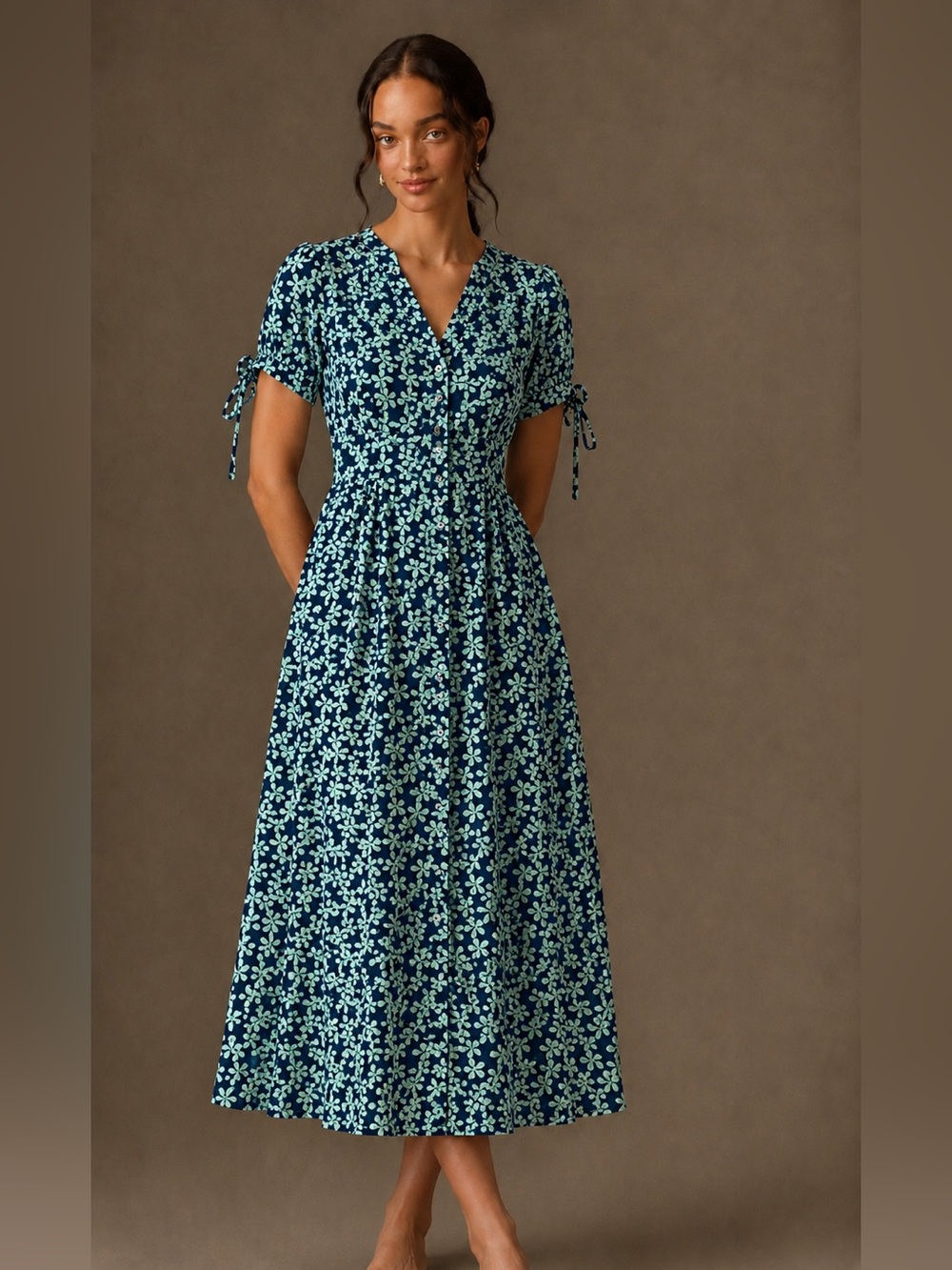 Dressberry Floral V-Neck Midi Dress in Navy and Mint